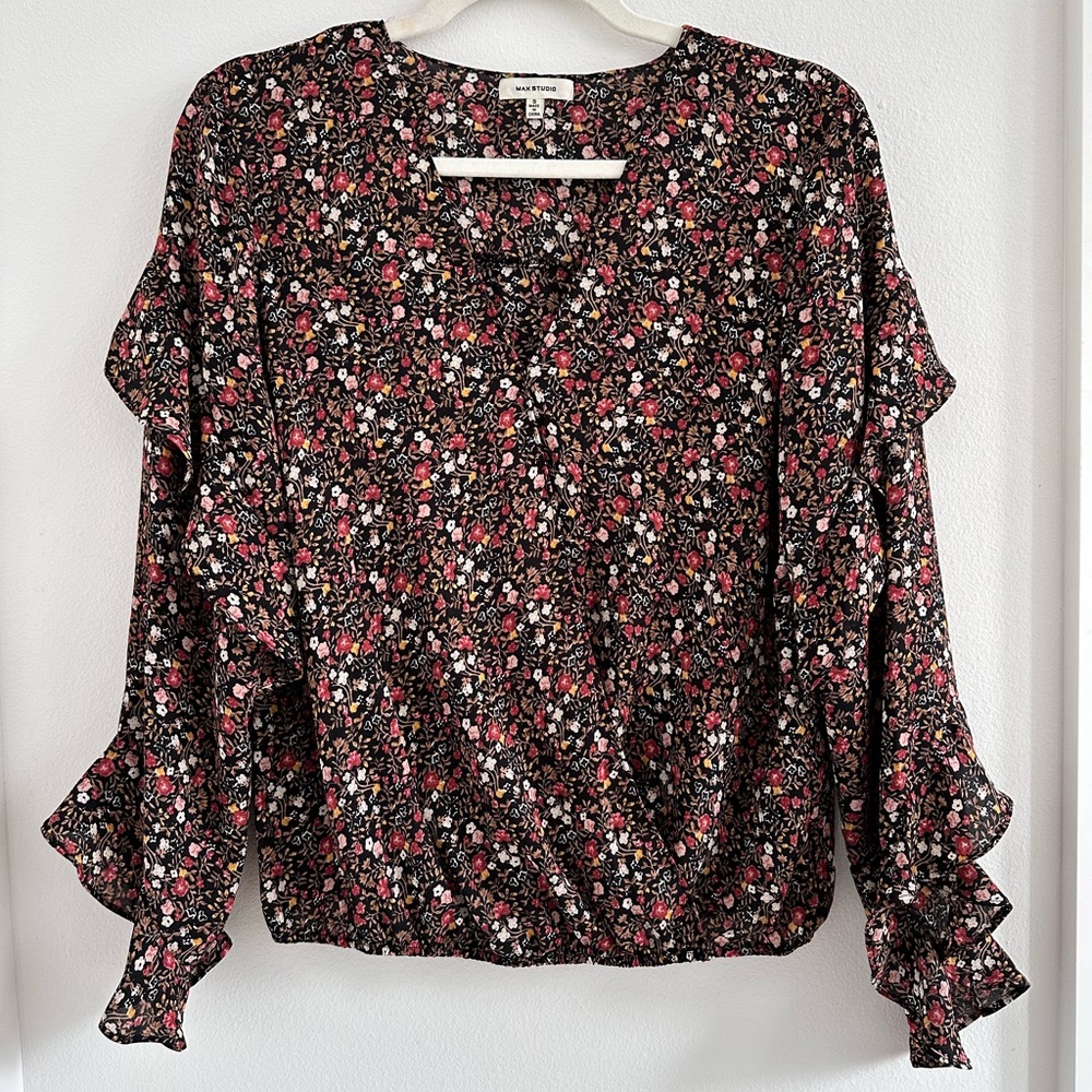 Floral Flutter Long-Sleeve Wrap Blouse